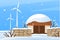 Winter farm landscape with wind turbines, renewable energy sources. Farmland in snowy weather