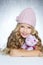 Winter fashion cap little girl hug teddy bear