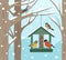 Winter feeder. Snow woodland, birds food on tree poster. Feeding wild animals on nature, flat bullfinch chickadee robin