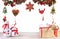 Winter festive concept with handmade snowman. Christmas or New Year decor with hanging garland of fir branches, red berries, pine