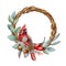 Winter festive wreath with red cardinal bird watercolor illustration. Beautiful round season decorative frame.