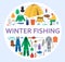 Winter fishing equipment circle composition, flat vector illustration. Ice fishing gear set.