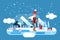 Winter fishing on frozen lake, man in bobble hat, vector illustration. Near hole for fishing lies drill, box with bait