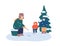 Winter fishing relax flat vector illustration. Father and kids enjoy leisure time together. Dad and sons with fishing