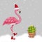 Winter flamingo in Santa hat and christmas cactus. Merry Christmas and Happy New Year vertical greeting card. Watercolor