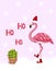 Winter flamingo in Santa hat and shoes. Merry Christmas and Happy New Year vertical greeting card. Watercolor decoration