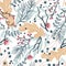 Winter floral seamless pattern. Dead deciduous and coniferous plants, dry branches. Vector hand-drawn trendy