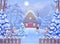Winter foggy forest landscape with wooden house, mountains, snowman, fence, Christmas tree, rabbit, bullfinch, sun. Vector drawing