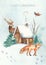 Winter forest, animals deer, fox, bullfinch, Cozy Christmas house. Watercolor hand drawn card