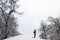 Winter forest with a figure of a girl admiring nature