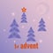 Winter forest, four Christmas trees, one tree with burning star, snowflakes, moon. First Sunday of Advent. Vector illustration