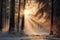 Winter forest with frost and snow, sun rays penetrate through the trees