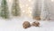 Winter forest with frosty fir trees falling snow pine cones golden garland bokeh lights. Christmas New Year greeting card poster