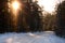 Winter forest, icy snow-covered road and beaming rays of sunset landscape