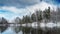 Winter forest on the lake, clouds in the sky and reflection in the water.