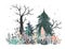 Winter Forest Landscape with curious fox, Pine, Fir tree, and grass. Vector illustration