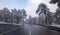 Winter forest landscape. Highway mountain road in wintertime.