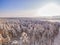 Winter forest and meadow. Aerial view. Sunny frosty day and snowfall. Field and frozen lakes on background