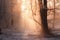 Winter forest with mystical morning fog