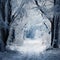 Winter forest path covered with snow, delicate icy branches creating a frozen white wonderland