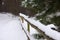 Winter forest with snow with wooden railing