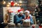 Winter freands wearing red santa claus hat. Hoppy couple over christmas tree lights background. Happy new year. Merry