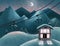 Winter frosty background with a hotel in snowy mountains at night. Wooden chalet house in resort for skiing, snowboarding.