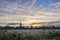 Winter frosty sunrise landscape Salisbury cathedral city in England