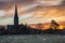 Winter frosty sunrise landscape Salisbury cathedral city in England