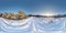 Winter full spherical hdri panorama 360 degrees angle view on snowdrift path in snowy pinery forest  in equirectangular projection