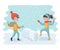 Winter fun. Cheerful kids throwing snowballs or playing in the snow.