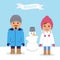 Winter fun. Young couple and snowman