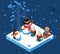 Winter games isometric kids making snowman snowball winter playing sleigh snow background flat design vector