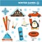 Winter games, sports and pastime hobbies set with snowflakes