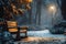 Winter garden scene features wooden chair against softly blurred background