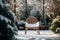 Winter gardens wooden chair in a serene, blurred wintry backdrop