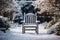 Winter gardens wooden chair in a serene, blurred wintry backdrop