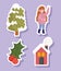 winter girl warm clothes, tree and house icons set cartoon