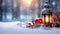 Winter Glow Christmas Lantern on Snow with Fir Branch in the Sunlight - Captivating Winter Decoration Background, created with