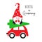 Winter is gnoming celebration quote. Cheerful gnomes with christmas tree on red car. Isolated on white background. Vector