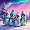 winter graphic penguins in pastel hats on the background of the Aurora Borealis