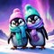 winter graphic penguins in pastel hats on the background of the Aurora Borealis