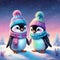 winter graphic penguins in pastel hats on the background of the Aurora Borealis