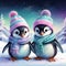 winter graphic penguins in pastel hats on the background of the Aurora Borealis