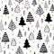 Winter graphic seamless pattern with christmas trees in black on white background and gold stars