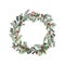 Winter greenery wreath. Christmas overlay design. Watercolor greenery, leaves, berries isolated on white background. Illustration