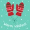 Winter greeting card in flat cartoon style. Nice knitted mittens on a string.