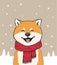 Winter greeting card with happy smiling shiba inu dog in scarf and snow. Christmas or New year poster with dog illustration