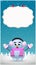 Winter greeting card template with smiling cartoon snowgirl