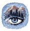 Winter hand-drawn beautiful cold landscape. Winter view. Winter fun and winter season. Mountains and conifers, big eye